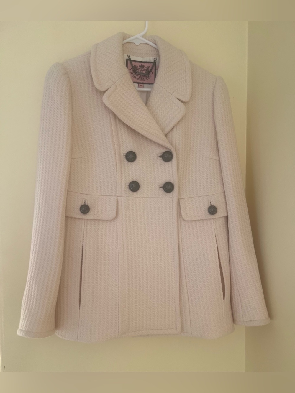 Juicy Couture Cream Double-Breasted Textured Coat